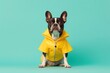 Cute dog in swimming suit ready to swim on yellow background