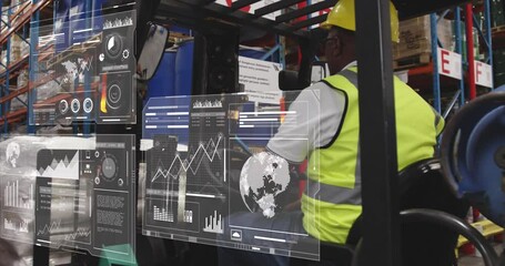 Wall Mural - Animation of data processing against african american male worker operating forklift at warehouse