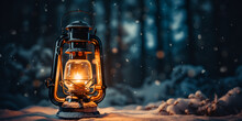 A Lantern In The Snow With A Snowy Background, Lantern In The Snow With A Christmas Tree In The Background. Generative Ai