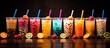 Colorful drinks with tapioca bubbles in transparent glasses against a lit background