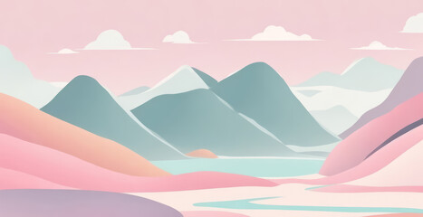 Pinky colored illustration of a landscape with mountains and river