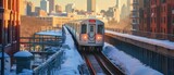 Fototapeta  -  city subway train emerging from a snowy underground station, with bustling city life and snow-clad streets in the background, in an urban winter commute 