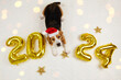 Happy New Year 2024 and Merry Christmas. A beagle dog in a Santa Claus hat in a house decorated with balloons with the number 2024 for the new year, sparkling bokeh lights. Top view.