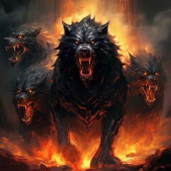 Illustration of Cerber hound of Hades, guardian of the underworld. A scary fierce beast dog with three heads. A frightening dog, Cerberus, Guardian of hell, with fire.