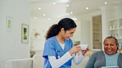 Poster - Coffee cup, mature patient, happy woman, caregiver or volunteer for healthcare service, support or giving morning beverage. Smile, nursing home client and nurse with wellness tea, latte or espresso