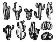 Cactus Plants Ink Stamp Set. Trendy Exotic Silhouette Succulent Collection Isolated. Scrapbook Engraving Botanical Desert Cacti. Western Grungy Paint Shape Cactus Etching Design Vector Illustration