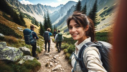 Poster - Hiking lifestyle concept - woman mountaineering with backpack, adventure in mountains, outdoor landscape