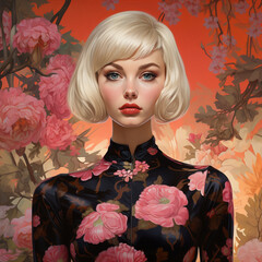 Wall Mural - Beautiful blonde woman with flowers in her hair. Spring fashion.