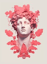 Illustration Of A Roman Plaster Sculpture With Leaves, Light Red And Pink, In The Style Of Realistic Over-detailed Portraits, Pastel Rococo Tones, For The Design Of Banners, Postcards, Printed Product