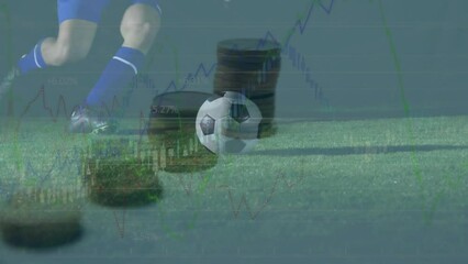 Wall Mural - animation of financial data processing with coins over caucasian male football player