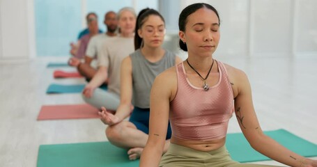 Canvas Print - Calm woman, coach and meditation in yoga class for spiritual wellness, awareness or stress relief. Female person or yogi with group in mediating or zen for healthy mind, body and health in fitness