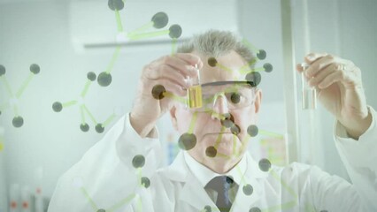 Wall Mural - Animation of chemical molecules over caucasian male scientist taking sample in lab