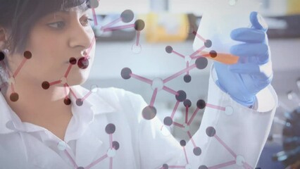 Wall Mural - Animation of chemical molecules over biracial female scientist taking sample in lab