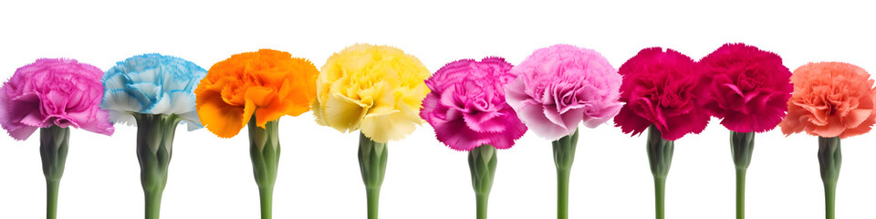 Wall Mural - row of carnation flowers banner isolated on transparent background - floral design element PNG cutout