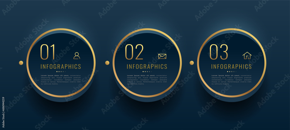 3 step infographic workflow golden chart banner for modern business ...