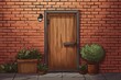 close-up of a wooden door in a brick wall of a farmhouse, magazine style illustration