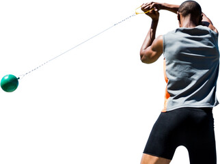 Wall Mural - Digital png photo of african american sportsman with ball on transparent background