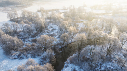 Wall Mural - winter landscape - white trees covered with hoarfrost and river - aerial view