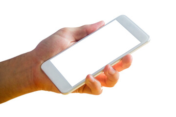 Poster - Digital png photo of hand of caucasian man with smartphone on transparent background