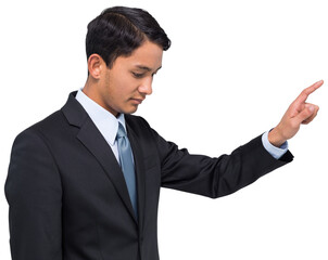 Sticker - Digital png photo of focused biracial businessman pointing finger on transparent background