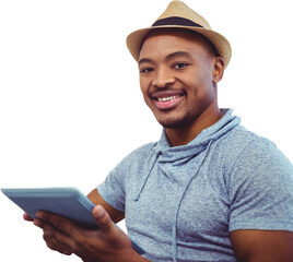 Sticker - Digital png photo of african american man using tablet on transparent background