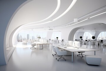 Poster - 3d Illustration of a modern open space office with white walls, White open space office interior, AI Generated