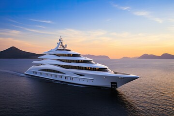 Poster - Luxury yacht in the sea at sunset. 3d rendering, White superyacht at sea, AI Generated