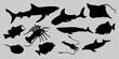 set of collections of black and white silhouettes of sea animals fish, sea life