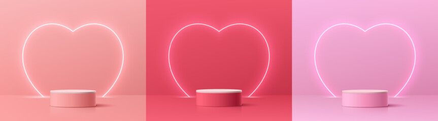 Wall Mural - set of 3d podium valentine day background with pink, red, white cylinder pedestal. glow neon heart s