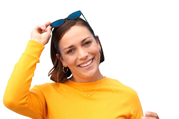 Fashion, woman and smile portrait with happy confidence and modern fashion with casual outfit. Sunglasses, model and hipster clothes with female person isolated on a transparent, png background