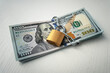 © diy13 - money dollars in a chain with lock on the background of white. The concept of banning dollars. the concept of keeping or banning cash dollars. money is banned.