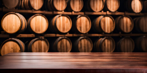 Empty wooden tabletop for product display on blurred winery wine barrels cellar background.