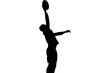 Digital png silhouette of rugby player catching ball on transparent background