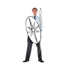 Sticker - Digital png photo of serious caucasian businessman with sword and shield on transparent background