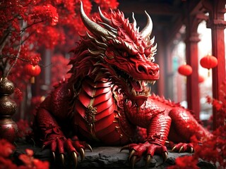 Wall Mural - Chinese red dragon, Chinese new year, legendary creature in Chinese mythology