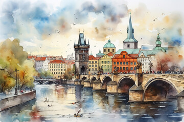 Prague in watercolor painting