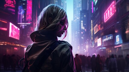 Wall Mural - Charm Cyberpunk girl on the street background wallpaper ai generated image