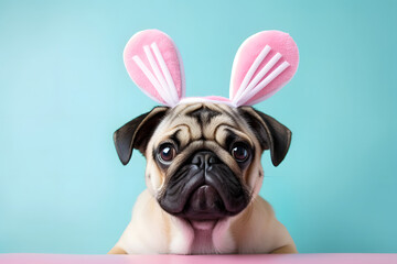 Wall Mural - Happy cute dog wearing ears bunny rabbit. Happy Easter holiday background.