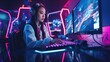 Young asian girl futuristic gamer and streamer glowing background wallpaper ai generated image