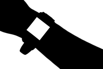 Sticker - Digital png silhouette of hand with smartwatch with copy space on transparent background