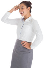 Canvas Print - Digital png photo of happy caucasian businesswoman scratching head on transparent background