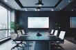 Photo of a minimalist conference room with high-tech equipment. Generative AI