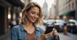 © Hashim - Beautiful young woman in a city setting, happily engaged with her smartphone, representing the modern lifestyle, connection, and casual business dynamics of today's world