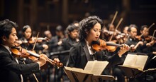  Images Capturing The Symphony Orchestra During A Classical Music Performance, Showcasing The Musicians In Action
