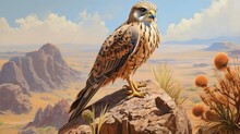 An Exquisite Kestrel Perched On A Jagged Desert Rock, Its Feathers Ruffled By The Desert Breeze.
