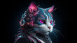 A futuristic semi-cyborg blue cat with pink eyes