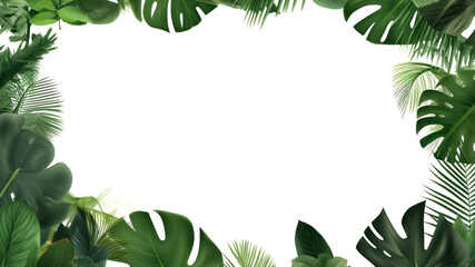 Wall Mural - Tropical leaves. Green forest plants. and exotic flowers, natural frames, banana leaves and monstera, jungle coconut trees, poster with space for text. On a transparent background. Isolated.