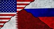 USA, Russia and Qatar flag together on a textured wall. Relations between Russia, Qatar and United States of America