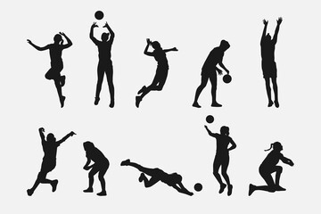 Poster - set of silhouettes of female volleyball athlete with different pose, gesture, movement. isolated on white background. vector illustration.