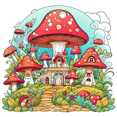 Wall Mural - Mushroom Valley with Whimsical Creatures, on a coloring book style-generative ai